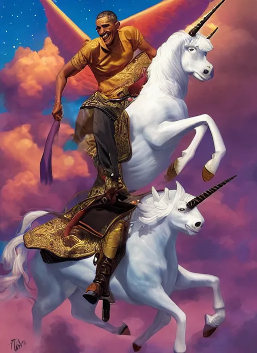 Image similar to obama riding an unicorn, pixar style, by tristan eaton stanley artgerm and tom bagshaw.