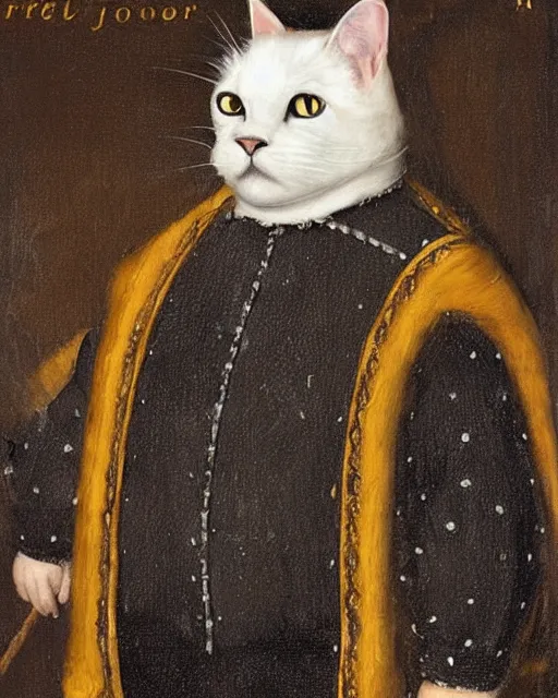 Image similar to cute jolly fat gray cat with yellow eyes wearing tudor period menswear, 1 6 th century royal portrait, greg rutkowski