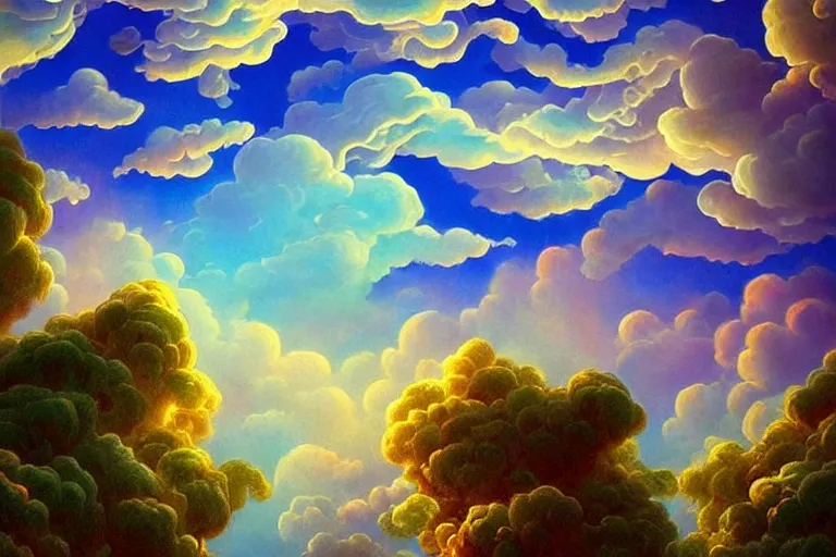 Prompt: a huge flock of many smooth puffy marvelous clouds. whirling ultra detailed gemstone crystals, art nouveau jungle environment, playful, award winning art, epic dreamlike fantasy landscape, ultra realistic,