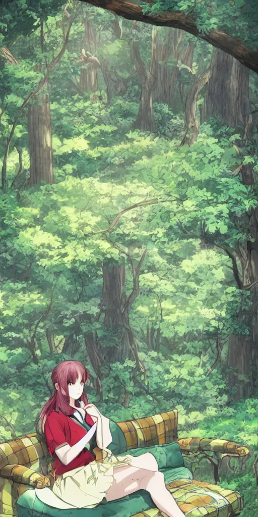 Prompt: landscape shot of a single queen sitting by herself on a sofa in a forest, drawn by CloverWorks, elegant, beauty,