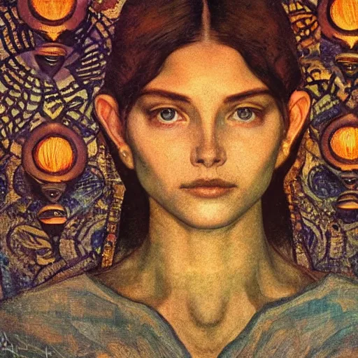 Prompt: Extreamly beautiful Eyes, Hypnotic Eyes, Emotional Eyes, by Annie Swynnerton and Nicholas Roerich and jean delville, glowing paper lanterns, strong dramatic cinematic lighting , ornate tiled architecture, lost civilizations, smooth, sharp focus, extremely detailed