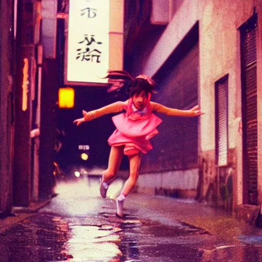 Prompt: 1990s perfect 8K HD professional cinematic photo of close-up japanese schoolgirl jumping in dystopian alleyway with neon signs, at evening during rain, at instagram, Behance, Adobe Lightroom, with instagram filters, depth of field, taken with polaroid kodak portra