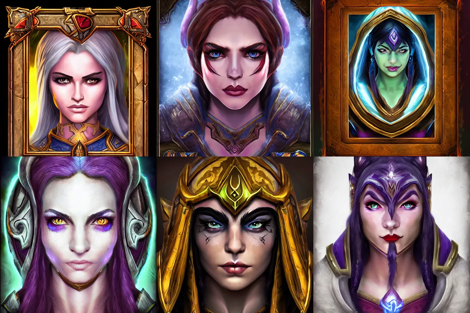 Prompt: a warcraft character symmetrical female face game portrait in frame, ultra HD, comic book heartstone style