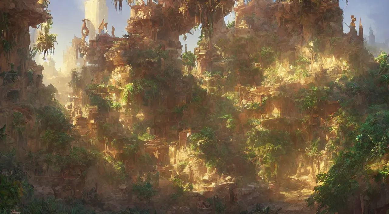 Image similar to grounded camera low angle arabian marketplace skyup vivid tissu color fabric jungle dirt wall fortress digital painting, artstation, concept art, sharp focus, illustration, cinematic lighting, art by artgerm and greg rutkowski and alphonse mucha