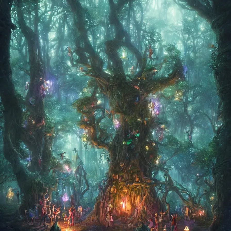 Image similar to a night carnival fairies around a magical tree, christmas lights, creatures and fantastic people disguised as fantastic creatures in a magical forest by summer night, masterpieceunderwater scene, painted by greg rutkowski and rene laloux, volumetric lightning