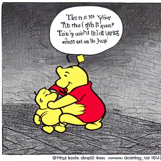 Image similar to winnie the pooh dying, in the style of winnie the pooh cartoon