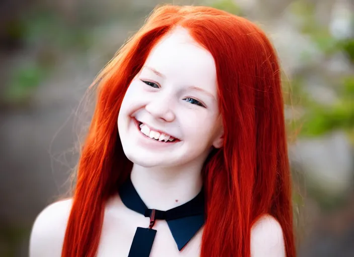 Image similar to portrait of a red haired girl with a choker necklace, and a beautiful smile