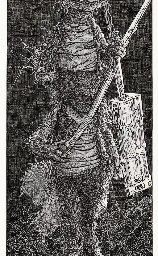 Image similar to an illustration of a fraggle, full body, standing in rectangular border, pen-and-ink illustration, etching, by Russ Nicholson, DAvid A Trampier, larry elmore, 1981, HQ scan, intricate details