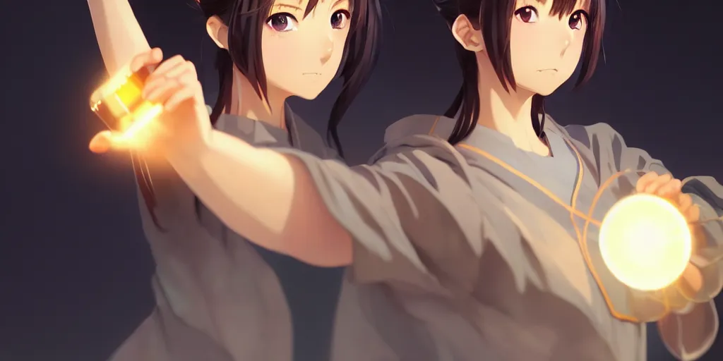 Image similar to beautiful anime girl holding a light source inside her hand, wearing samurai armor, expert high detail concept art, character design, perfect proportions defined faces, vivid colors, photorealistic shaded lighting poster ilya kuvshinov, katsuhiro, makoto shinkai, wlop, loish and clamp style, trending on artstation, best selling artist