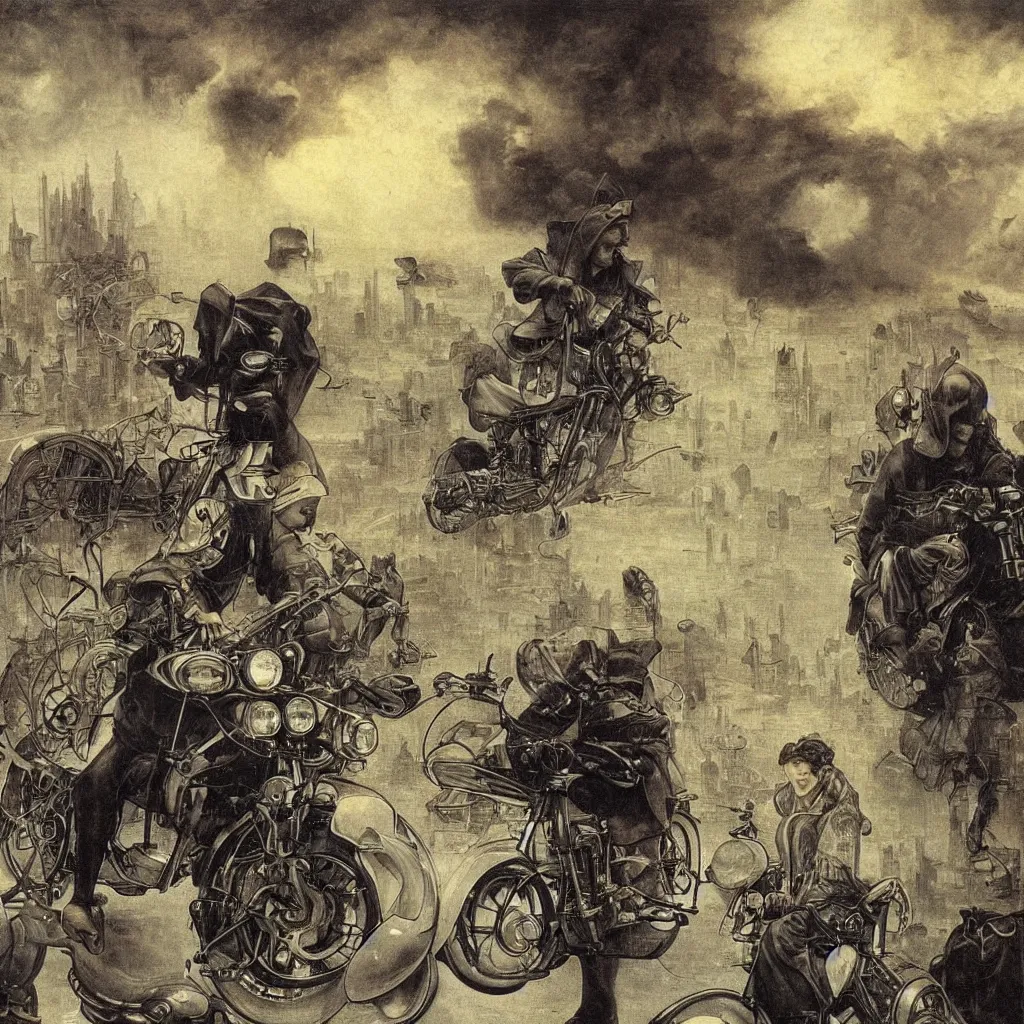 Prompt: a city in the clouds, foggy, one highway leaving the city curving towards viewer with one motorcycle with headlight on man riding motorcycle wearing leather jacket and black helmet, highly detailed, by james jean and hieronymus bosch and alphonse mucha