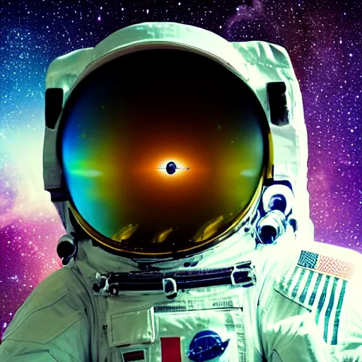 Image similar to astronaut in space, galactic background reflections on suit on one side and a yellow planet on the other side