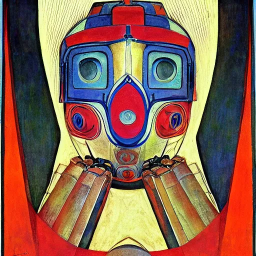 Image similar to the enemy in her robot mask is at the door, by annie swynnerton and kit williams and diego rivera and leo and diane dillon and nicholas roerich, symbolist, dramatic lighting, elaborate geometric ornament, art brut, god rays, soft cool colors, smooth, sharp focus, extremely detailed