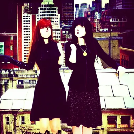 Image similar to “ two goth girls on city rooftop gorgeous, metropolitan city, detailed ”