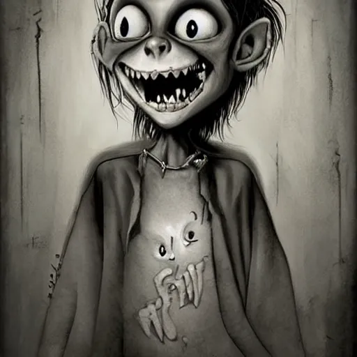 Prompt: grunge cartoon drawing of a cute chucky smiling by - michael karcz , in the style of corpse bride, loony toons style, horror themed, detailed, elegant, intricate