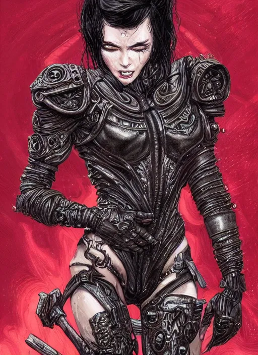 Prompt: a black haired woman in a leather jacket, muscular upper body, abs, d & d, fantasy, intricate, elegant, highly detailed, digital painting, artstation, concept art, smooth, sharp focus, illustration, art by philippe druillet