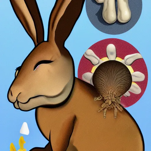 Prompt: parasite, cartoon kangaroo, decomposition, bunny rabbit, mushroom cloud, hyperrealism