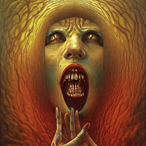 Image similar to an amazing masterpiece of art by gerald brom, zdzisław beksinski, crazed