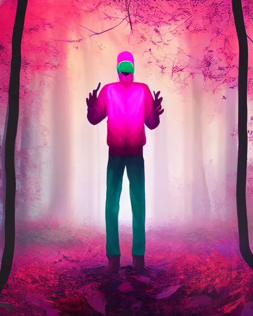 Image similar to man with glowing pink afro wearing disco jacket, standing in atmospheric spring forest at night, photoshop digital painting, best of artstation 4 k