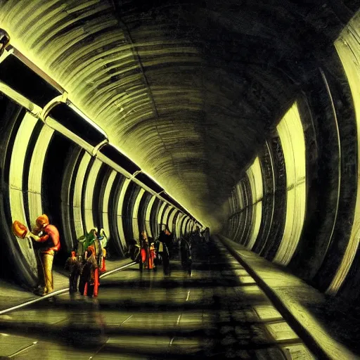 Image similar to computational tunnels, a tunnel complex full of mechanical computers and hooded robots, dramatic baroque oil painting, chiaroscuro
