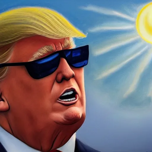 Prompt: donald trump with sunglasses staring at an eclipse, by jon mcnaughton