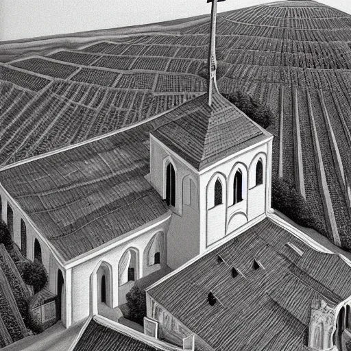 Image similar to Hyperrealism traditional austian church in a vineyard, painting by MC Escher