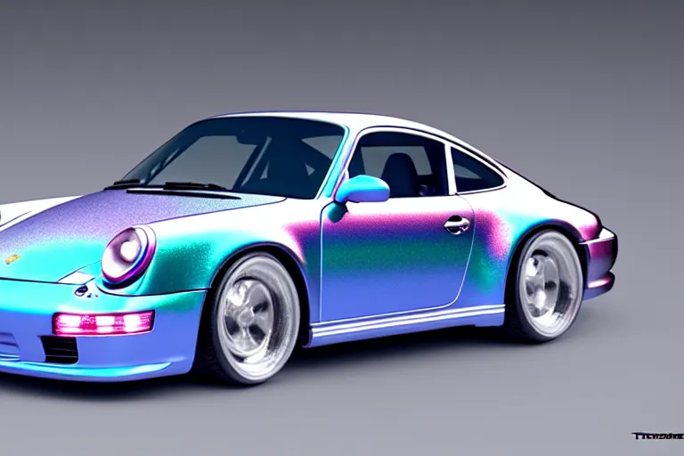 Image similar to iridescent Porsche 911, macro photography, by Thomas Kincade, Richard Sigamani, 8k photorealistic, HD, high details, concept art, trending on artstation