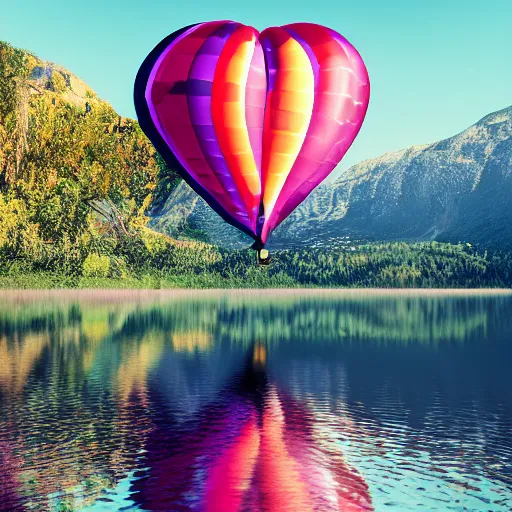 Image similar to photo of two black swans swimming in a beautiful reflective mountain lake, touching heads, forming a heart with their necks, a colorful hot air balloon is flying above the swans, hot air balloon, intricate, portrait, 8k highly professionally detailed, HDR, CGsociety, octane render, 4k