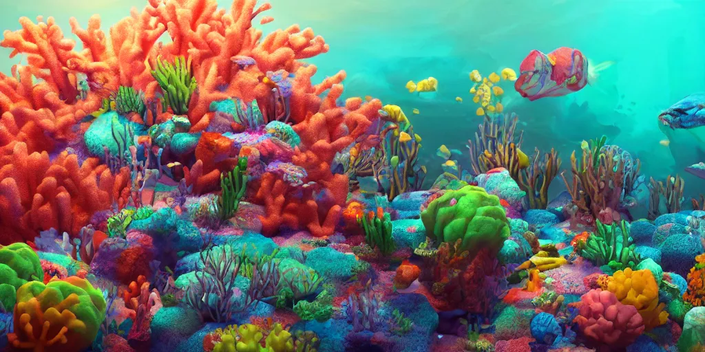 Image similar to majestic neon glowing coral reef, masterpiece painting by fabian jimenez and Jonathan solter, hyper realism, octane render