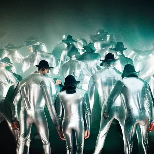 Image similar to unsplash contest winning photo, a giant crowd of men in full - body shiny reflective iridescent silver latex suits including masks and pants and shirts, inside a colorful dramatic unique rocky western landscape, low fog, neon light tube