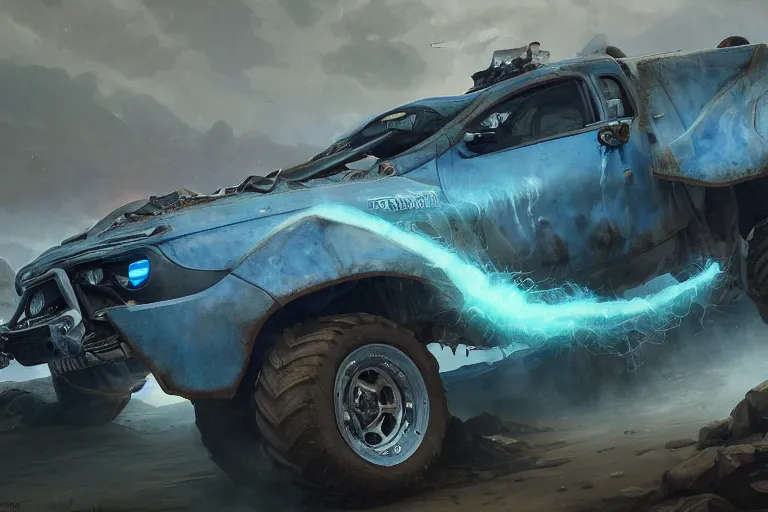 Image similar to a Dacia Logan as a monster truck, coriolios rpg art style, full of details, dark sci-fi, cold blue colors, matte painting, artstation, 8k, hyperrealistic, style of peter mohrbacher