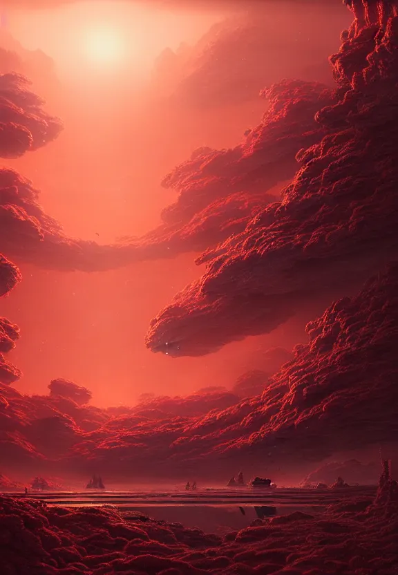 Image similar to ultra realist intricate detailed landscape painting of an alien world, red sky with mech buildings and cyborg tech, symmetry accurate features, very intricate details, bokeh focus, 8k render, artstyle Hiraku Tanaka and Tom Bagshaw, award winning
