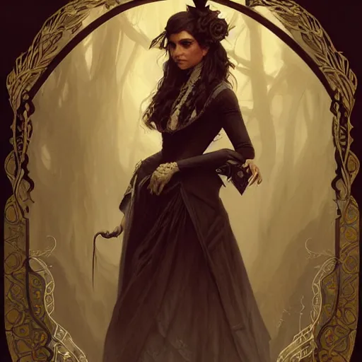 Image similar to Nina Dobrev dressed in a victorian fashion, D&D, fantasy, intricate, elegant, highly detailed, digital painting, artstation, concept art, matte, sharp focus, illustration, art by Artgerm and Greg Rutkowski and Alphonse Mucha