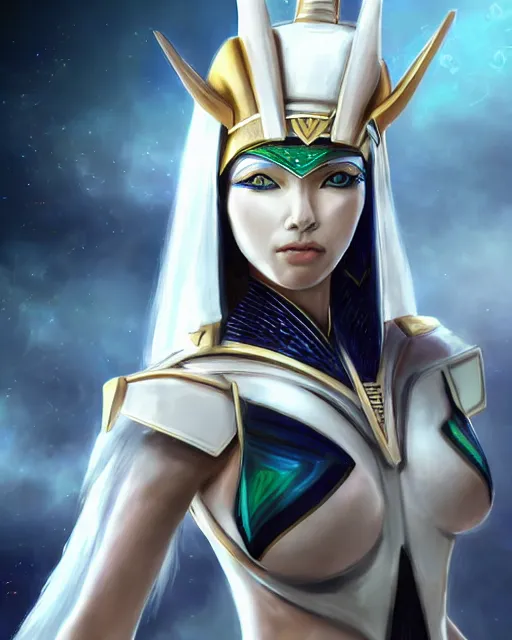 Image similar to perfect white haired attractive egyptian goddess, warframe armor, pharaoh headdress, beautiful, symmetric, dreamy, half asian, pretty face, green eyes, charlize theron, detailed, scifi platform, laboratory, experiment, 4 k, ultra realistic, epic lighting, android body, illuminated, cinematic, masterpiece, art by akihito tsukushi, voidstar