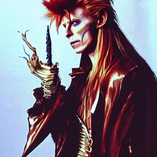 Image similar to David Bowie as the Goblin King from the movie Labyrinth (1986) but he's dressed like a Ninja with a Ninja mask and very big 80's glamrock hair, intricate, highly detailed, fullbody, artstation, concept art, smooth, sharp focus, illustration, art by greg rutkowski and orientalism and bouguereau and Zdzislaw Beksinski, good clear quality, lighting, biology, symmetrical artwork, perfect face, 135 mm, cinematic, hyper realism, high detail, octane render, 8k, chrome accents