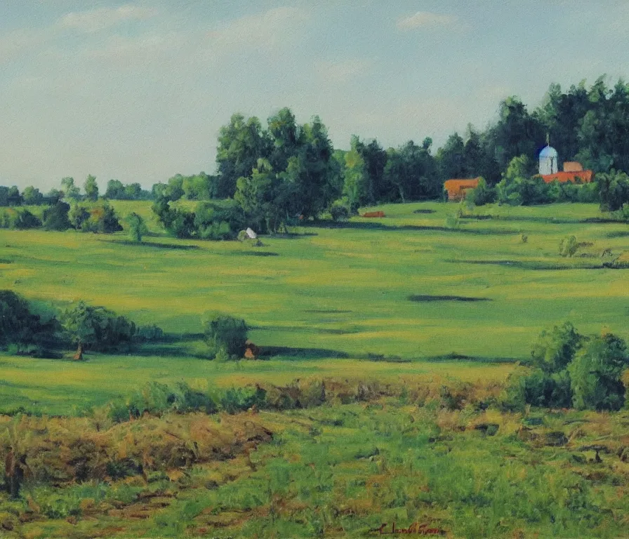 Prompt: beautiful view of a peaceful ukrainian farm landsape. art by isaac leitan and ivan shiskin, oil on canvas