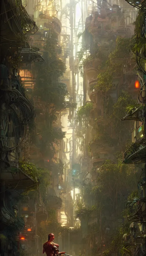 Image similar to hyper realistic cyberpunk city, overtaken by lush plants, gnarly trees by tom bagshaw, mucha, gaston bussiere, craig mullins, j. c. leyendecker 8 k