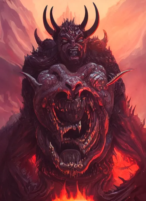 Image similar to hellish demon with forked tongue and horns, satan, gold fangs, close up, sinister, portrait, highly detailed, digital painting, artstation, concept art, matte, sharp focus, illustration, dramatic, cinematic sunset, hearthstone, art by artgerm and greg rutkowski and alphonse mucha