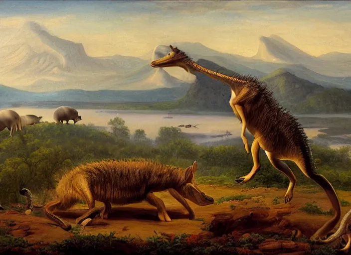 Prompt: the first mammals start to appear after the long impact winters, mammals such as the morganucodontids explore the new lands of the paleogene era of earth, in the style of hudson river school of art, oil on canvas