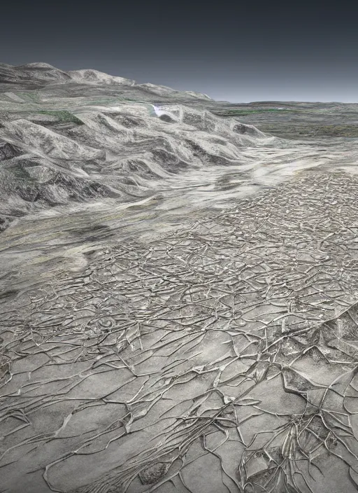 Image similar to bioremediation invisible white architecture, in the mining tailings of chuquicamata, epic, cinematic, hyperealistic, high detailed, corona render, hdr, ray tracing
