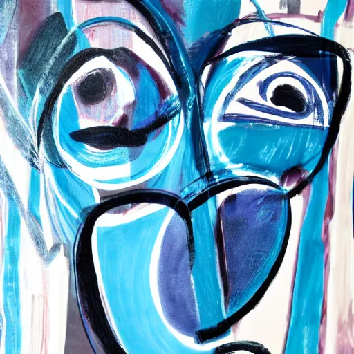 Image similar to chaotic abstract expressionism painting of a face, blue color palette,