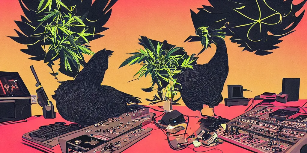 Image similar to 'black chicken'!!! smoking 'cannabis'!!!!!! in front of 'audio console'!!!! and 'multi monitors'!!!! 'in a hi-tech tv broadcasting studio'!!!!, artwork by James Gilleard