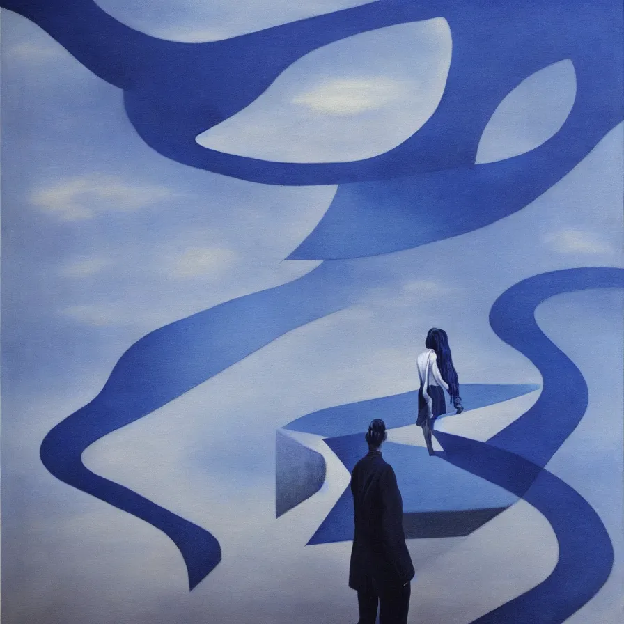 Prompt: surrealist artwork : walking the thin line between dreams and reality. blue indigo colour scheme