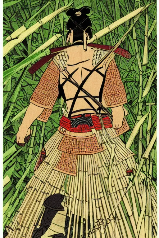 Image similar to close up of samurai warrior in a bamboo forest, an illustration by joe david benzal