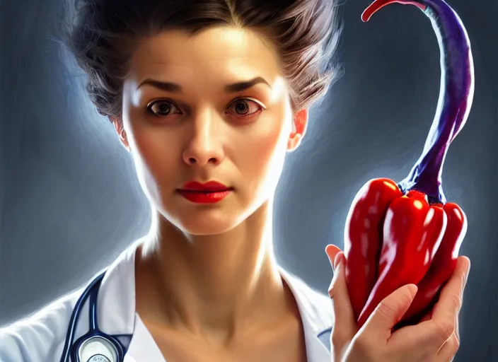 Image similar to a doctor whose head is a pepper, diffuse lighting, fantasy, hospital background, intricate, elegant, highly detailed, lifelike, photorealistic, digital painting, artstation, illustration, concept art, smooth, sharp focus, art by frank frazetta and marco bucci and loish and rossdraws and artgerm and alphonse mucha