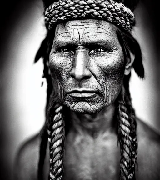 Image similar to Award winning Editorial photo of a Native Iroquois with incredible hair wearing traditional garb by Edward Sherriff Curtis and Lee Jeffries, 85mm ND 5, perfect lighting, gelatin silver process