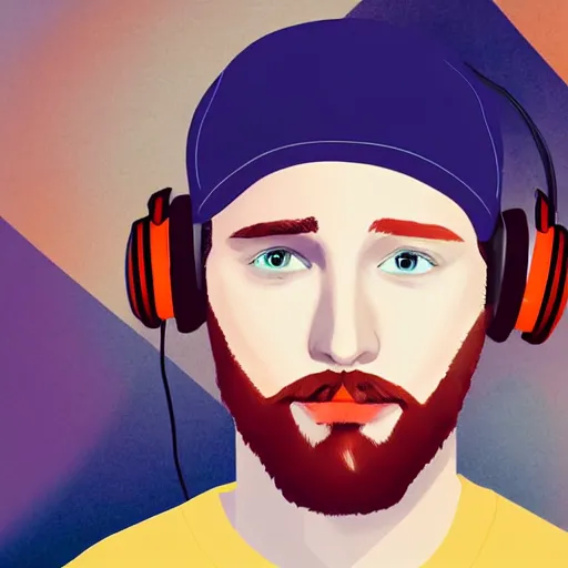 Image similar to streamer on twitch with black hat, stubble, ginger hair, orange hair, black cap, stubbles, red headphones, in the style of jeremiah ketner, art