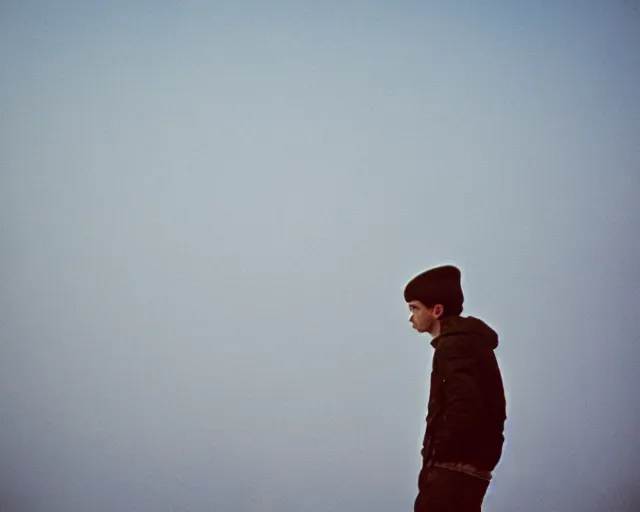 Image similar to lomo photo of man standing on the roof of soviet hrushevka in small town zelenograd, cinestill, bokeh, out of focus