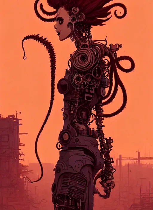 Image similar to highly detailed portrait of wasteland punk long curly fire hair tribal lady, stray wiring by atey ghailan, james gilleard, by joe fenton, by greg rutkowski, by greg tocchini, by kaethe butcher, 4 k resolution, gradient red, orange, black and white color scheme!!! ( ( flaming robotic dystopian city spiral background ) )