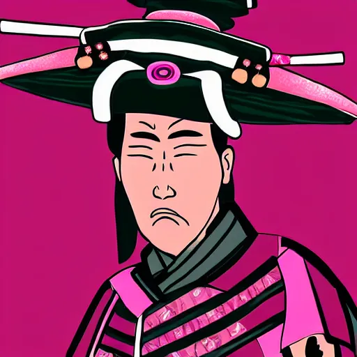 Prompt: a dramatic digital painting of a samurai with a pink birthday hat