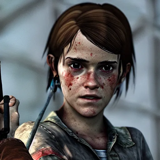 Prompt: TLOU The Last Of Us Screenshot emma watson as ellie from The Last Of Us full body fashion model emma watson very rusty very worn out very torn texture